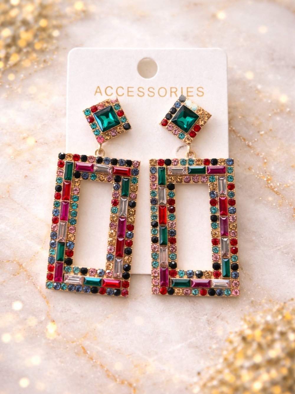 Multicolor Gem Rectangle Drop Earrings - Accessorize gorgeous not too heavy